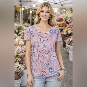 Style & Co Peasant Top Size Large Pink Mauve V-Neck & Tassels Short Sleeves